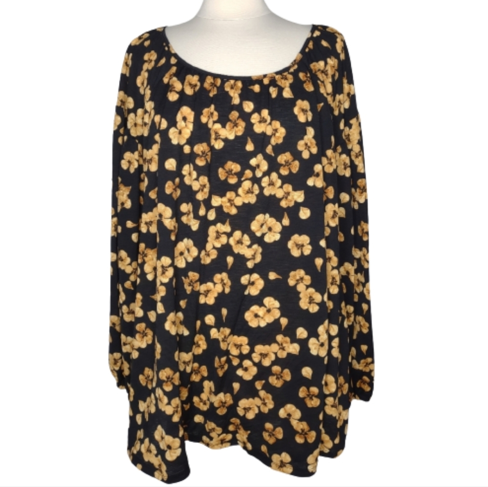 Floral Top AVA & VIV 3X Black Yellow Shirt Blouse Plus Size